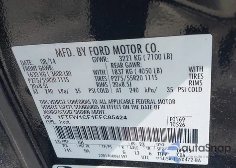 2014 Ford F-150 Lariat z USA, uszkodzony, nr VIN 1FTFW1CF1EFC85424